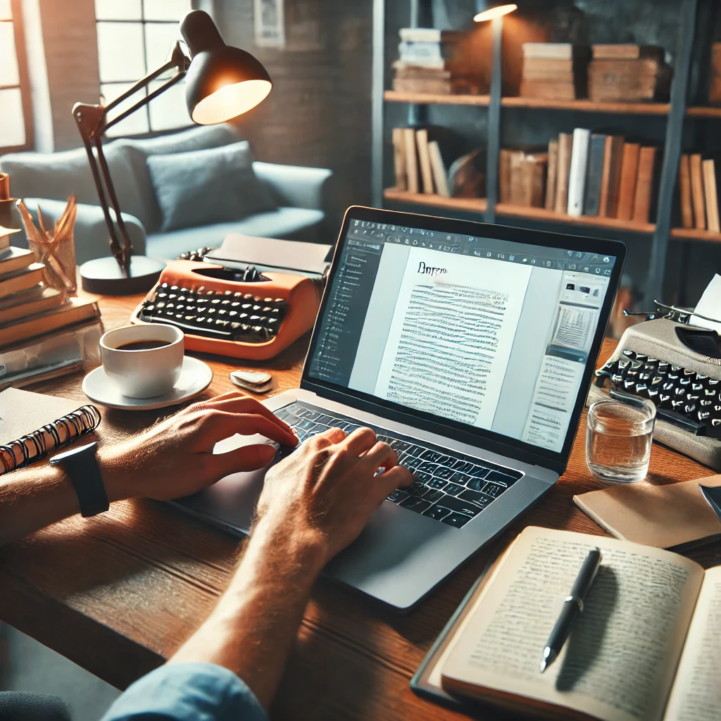 Freelance content writer working at a cluttered desk