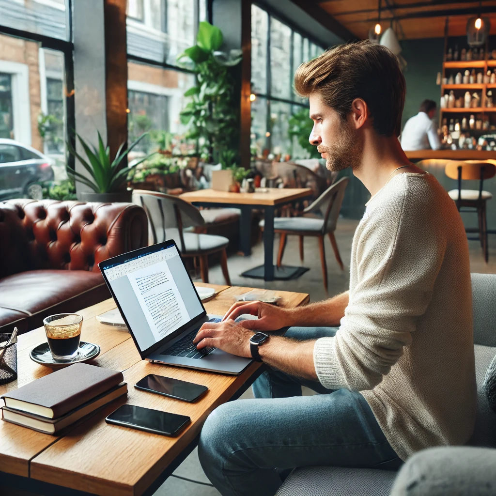 Freelance writer typing on a laptop in a cafe